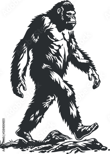 Illustration of a mythical Bigfoot creature walking in a forest, black and white design.