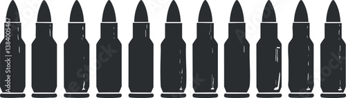 Black silhouette of bullets arranged in a row, depicting ammunition or military equipment.