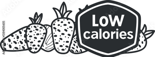Black and white illustration of a low calorie label with strawberries icon.