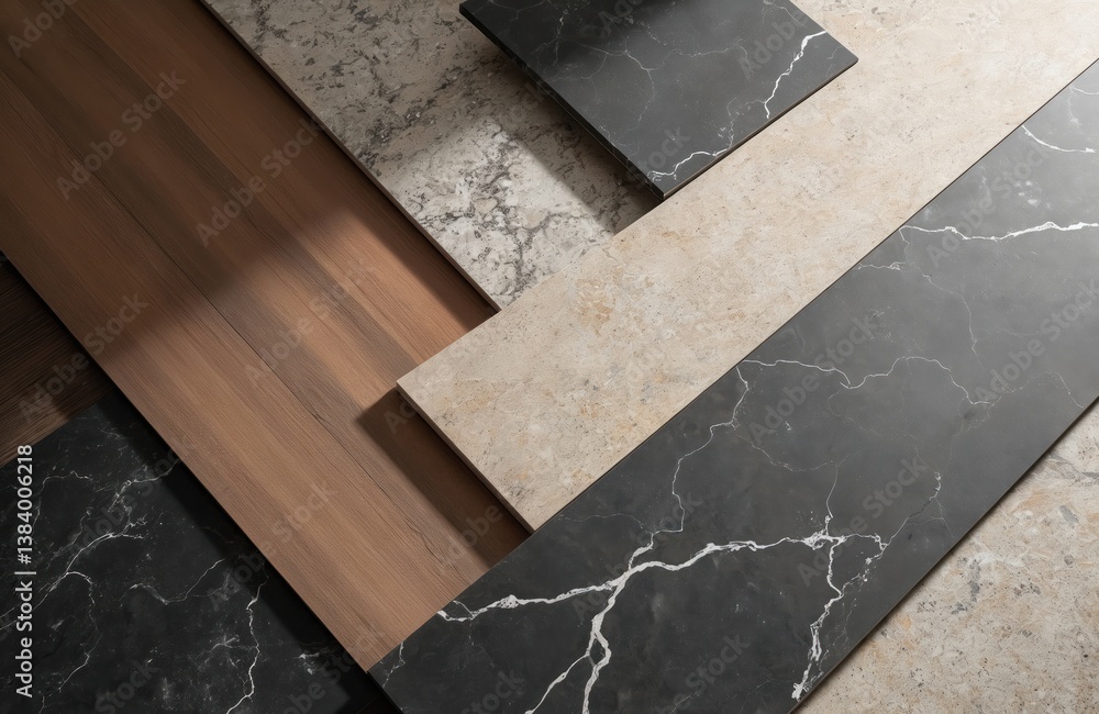 Elegant mood board showcases material samples. Tiles, wood planks with various textures, colors. Modern luxury interior design ideas, home renovation projects, construction details, surface patterns. Elegant mood board showcases material samples. Tiles, wood planks with various textures, colors. Modern luxury interior design ideas, home renovation projects, construction details, surface patterns.