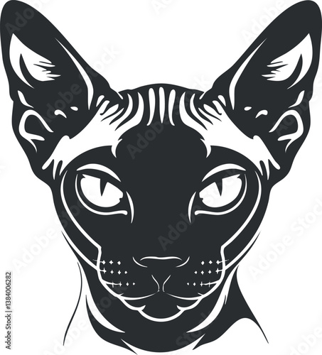 Black and white graphic illustration of a Sphynx cat with detailed facial features.