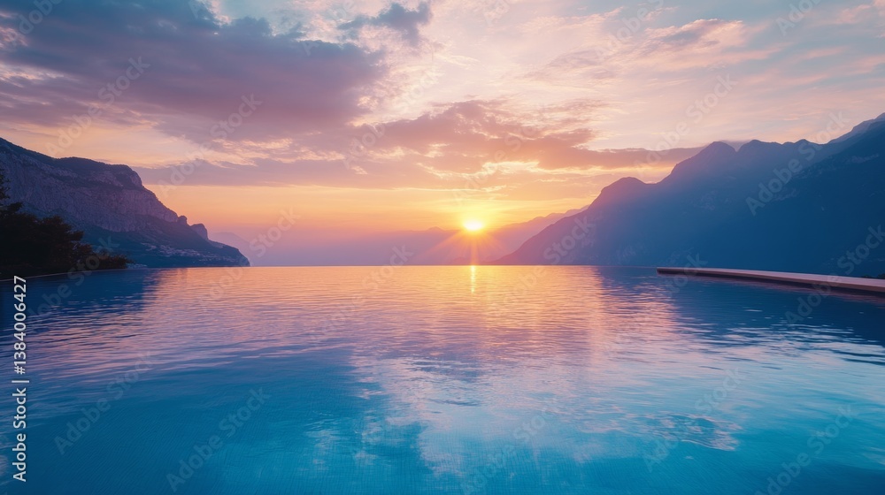 Naklejka premium A sparkling infinity pool at sunset with the reflection of the sky and mountains in the water 