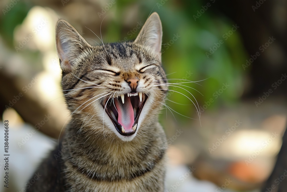 Fototapeta premium A happy cat yawning broadly in a delightful outdoor setting.