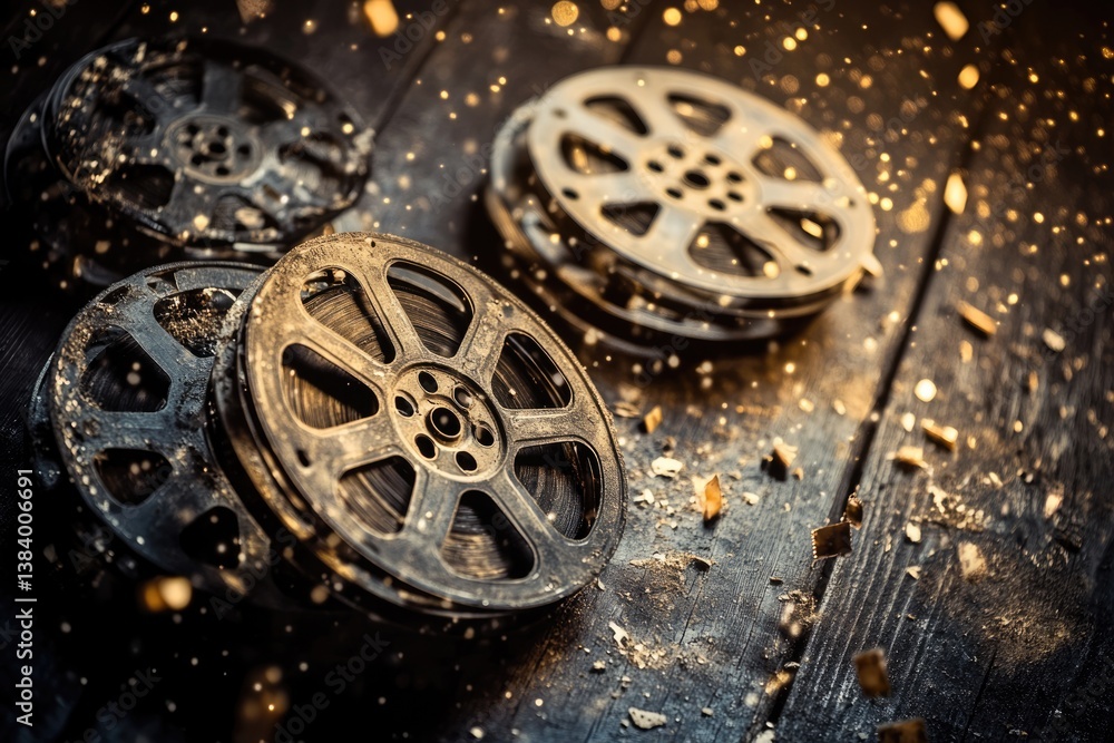 Fototapeta premium Dusty vintage film reels scattered on a dark wooden surface, evoking nostalgia and classic cinema.