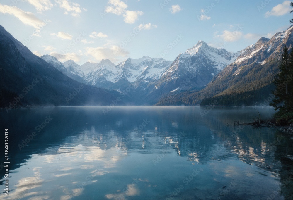 Mountain Lake with Snowy Peaks and Clouds Mountain Lake with Snowy Peaks and Clouds