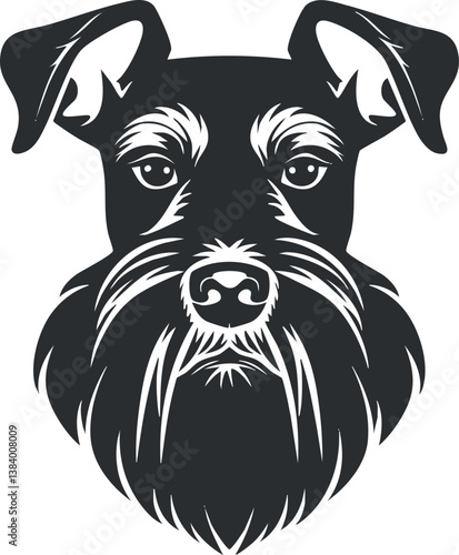 Monochrome vector illustration of a schnauzer dog's head in a stylized, minimalist design.