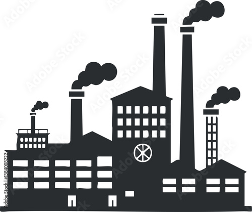Silhouette of an industrial factory with multiple smokestacks releasing smoke into the sky.