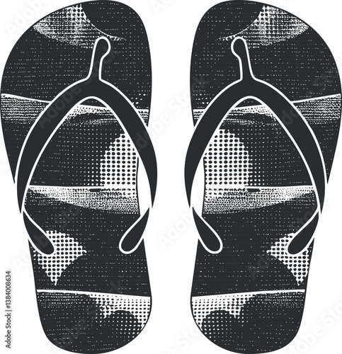 Illustration of black patterned flip-flops, ideal for summer fashion and beachwear concepts.