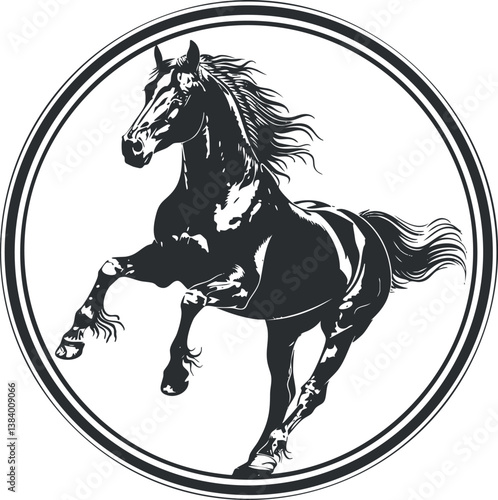 Black and white vector illustration of a galloping horse in a circular design.