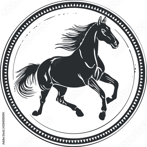Black silhouette of a galloping horse within a decorative circular frame, showcasing elegance and dynamism.
