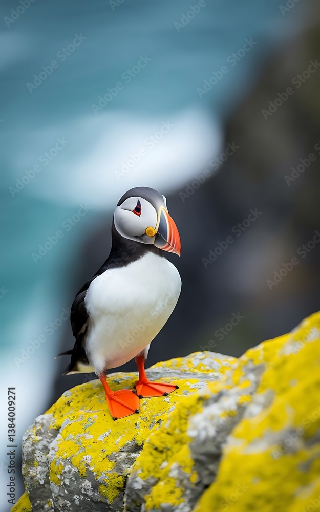 Naklejka premium Atlantic puffin standing on a lichen-covered rock with a blurred ocean background