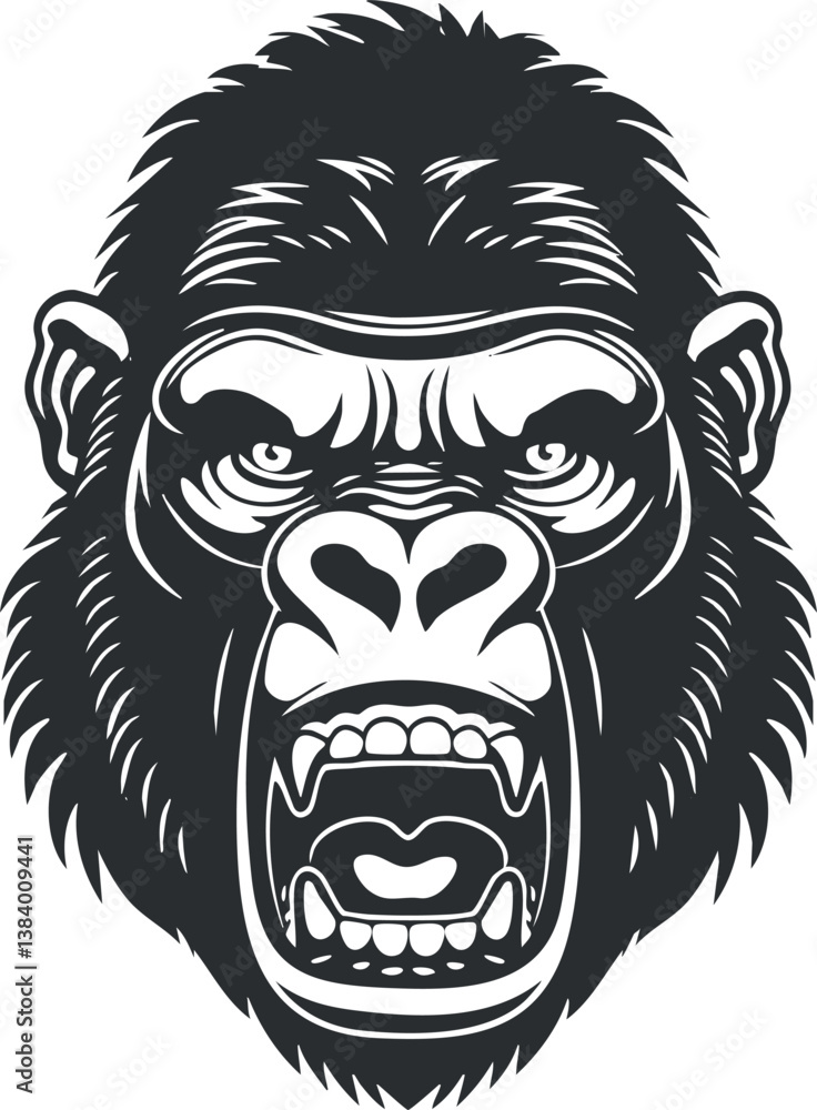 Black and white vector illustration of a fierce gorilla face with expressive features. Black and white vector illustration of a fierce gorilla face with expressive features.
