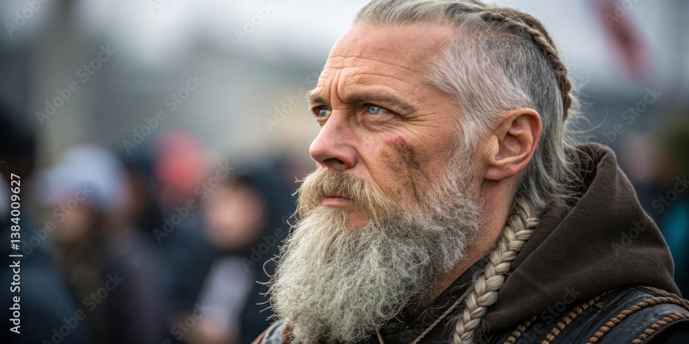 Man with long beard and braided hair in a historical costume during a cultural festival in an urban setting