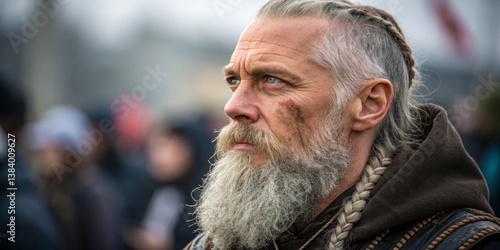 Obraz na płótnie Man with long beard and braided hair in a historical costume during a cultural festival in an urban setting w salonie