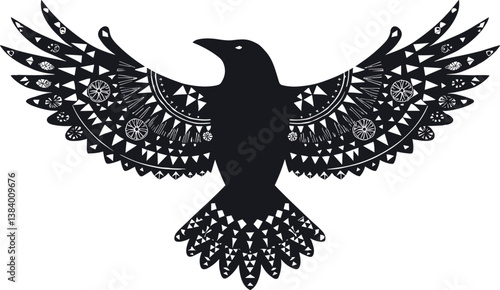 White background with ink blots and abstract black brushed raven symbol. Old norse viking mythology wallpaper with rune symbols