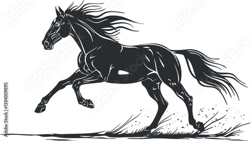 Dynamic black and white silhouette of a galloping horse with flowing mane and tail.