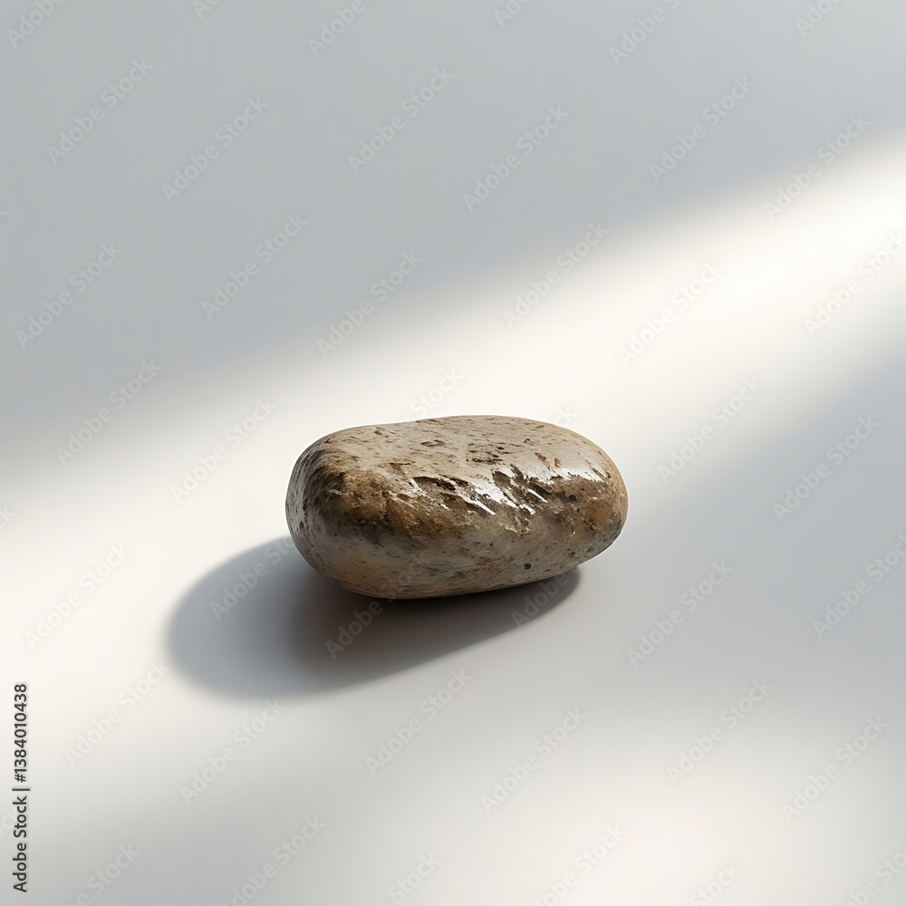 Fototapeta premium A small, textured stone on a white background, highlighting natural earthy tones and serene simplicity.