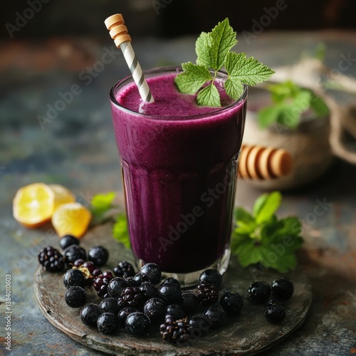 Rustic black currant smoothie with honey and milk.