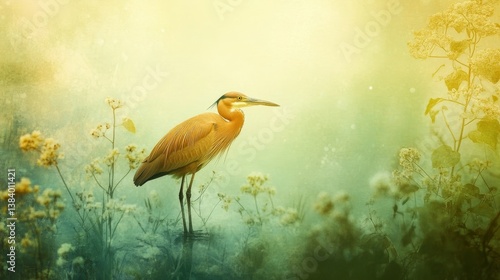 Squacco Heron: Green-yellow nature backdrop.