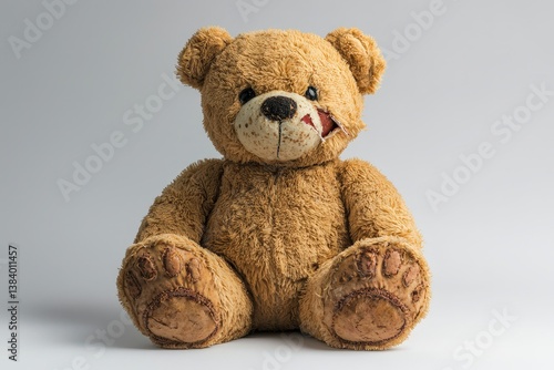 Worn and loved: vintage teddy bear with torn ear on neutral background