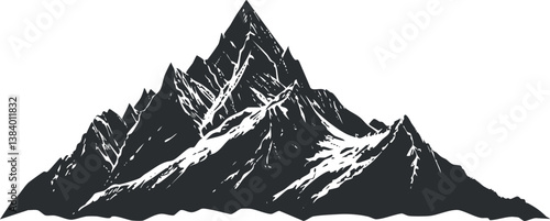 Black and white silhouette of a mountain peak with sharp edges and snow accents.
