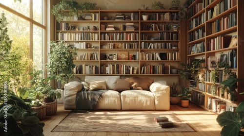 Obraz na płótnie Sunny library room, sofa, bookshelves, plants, home decor, reading w salonie