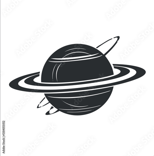 Black and white illustration of a ringed planet resembling Saturn, symbolizing space and astronomy.