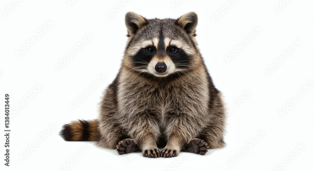 Obraz premium A raccoon sitting calmly with front paws resting in front, showing its signature facial mask and striped tail. The image is evenly lit, fully in focus, and isolated on a white background.