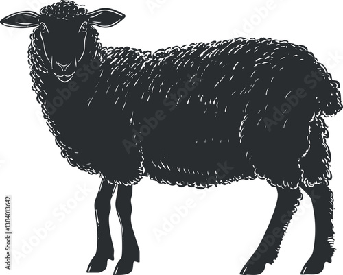 Monochrome illustration of a black woolly sheep, showcasing its detailed fur texture and silhouette.