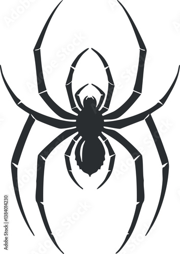 Black silhouette of a spider with detailed legs and body on a white background.
