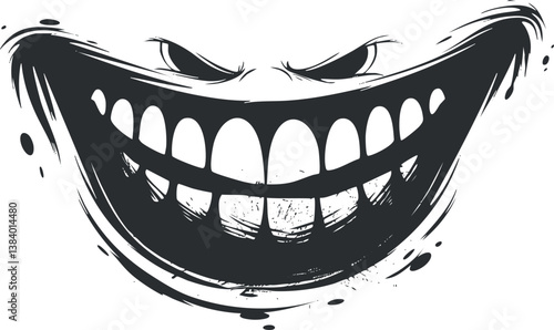 Monochrome illustration of a stylized grin with bold lines and expressive features.