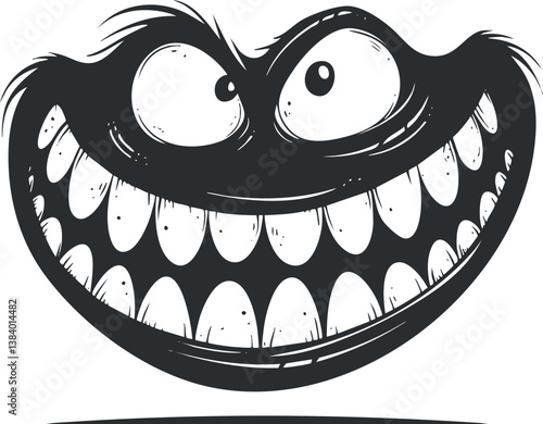 Black and white cartoon face with a large grin and exaggerated eyes, expressing humor.