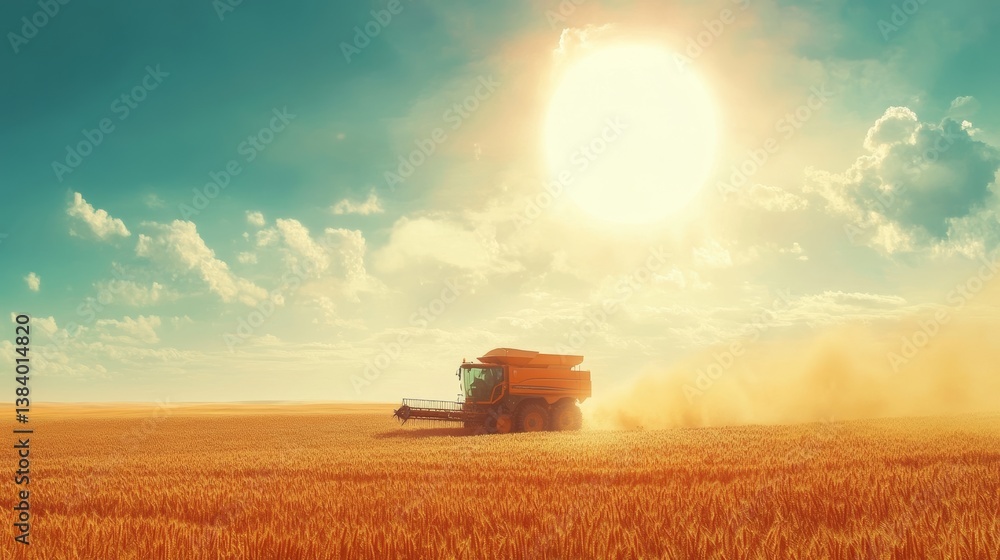 Fototapeta premium Wheat harvest: sun, combine, full trailer.