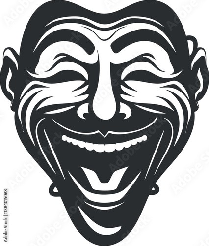 Black and white illustration of a smiling theatrical mask, symbolizing comedy and drama.