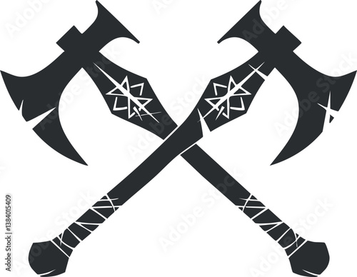 Silhouette of two crossed axes with decorative patterns, symbolizing ancient combat and craftsmanship.