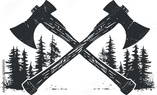 Vintage illustration of crossed axes with forest background, evoking outdoor and lumberjack themes.
