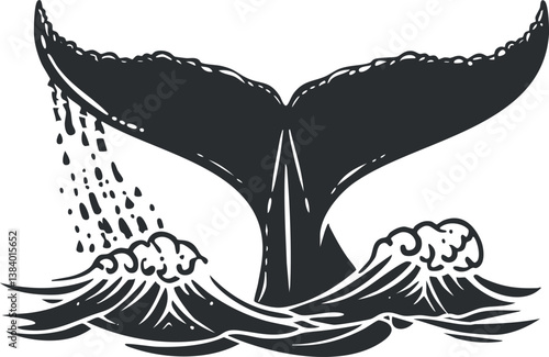 Illustration of a whale tail splashing in ocean waves, depicting marine wildlife and nature.