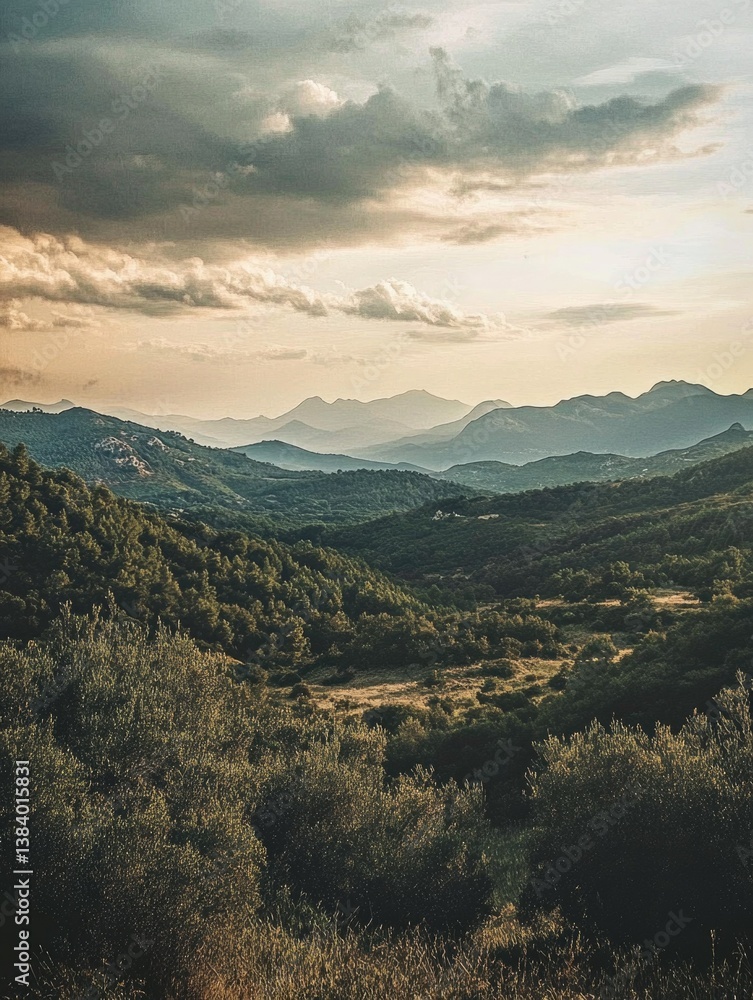 The image depicts a breathtaking panorama of mountains and forest during sunset. The sky is filled with clouds, casting a warm glow over the landscape. The image depicts a breathtaking panorama of mountains and forest during sunset. The sky is filled with clouds, casting a warm glow over the landscape.
