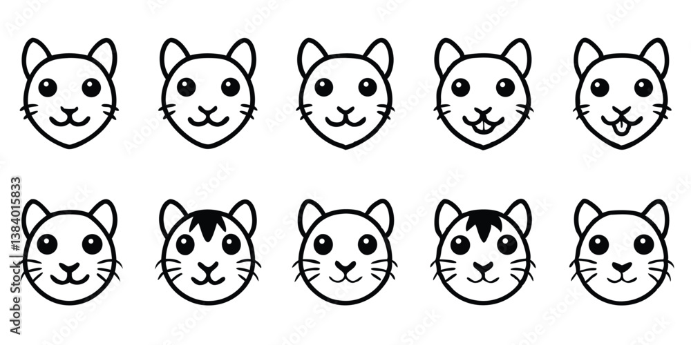 Set of Cute Cartoon Cat Faces with Different Expressions, Outline Vector Illustration Set of Cute Cartoon Cat Faces with Different Expressions, Outline Vector Illustration