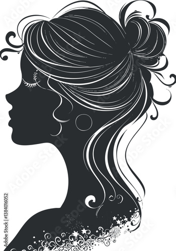 Elegant silhouette of a woman in profile with intricate hair bun and decorative floral design.
