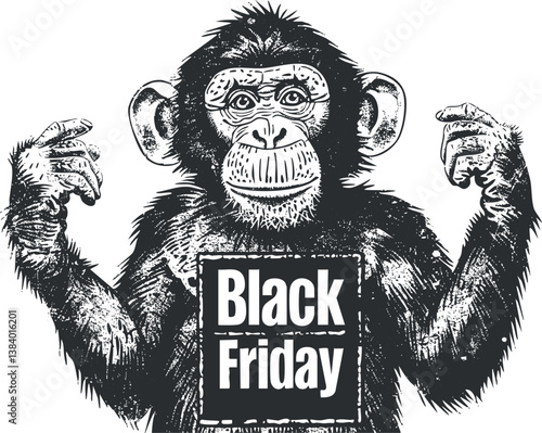 Illustration of a chimpanzee holding a Black Friday sign, promoting retail sales and discounts.