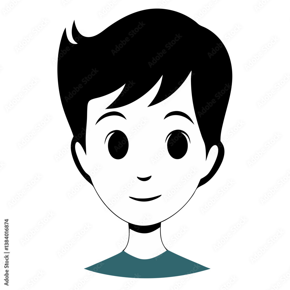 A friendly young boy with a gentle smile, a simple yet expressive portrait in bold black and teal. A friendly young boy with a gentle smile, a simple yet expressive portrait in bold black and teal.