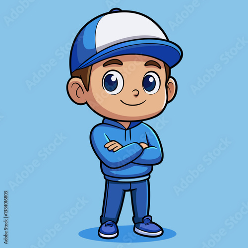 A confident young boy in blue, arms crossed, wearing a baseball cap, a symbol of youthful determination and quiet strength against a light blue background.