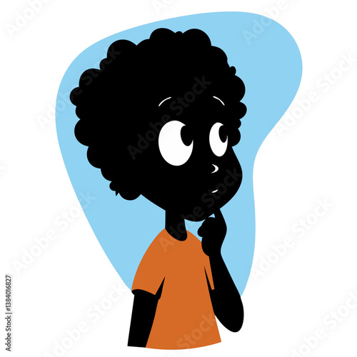 A curious child lost in thought, pondering life's mysteries against a soft blue backdrop with simple silhouette style.