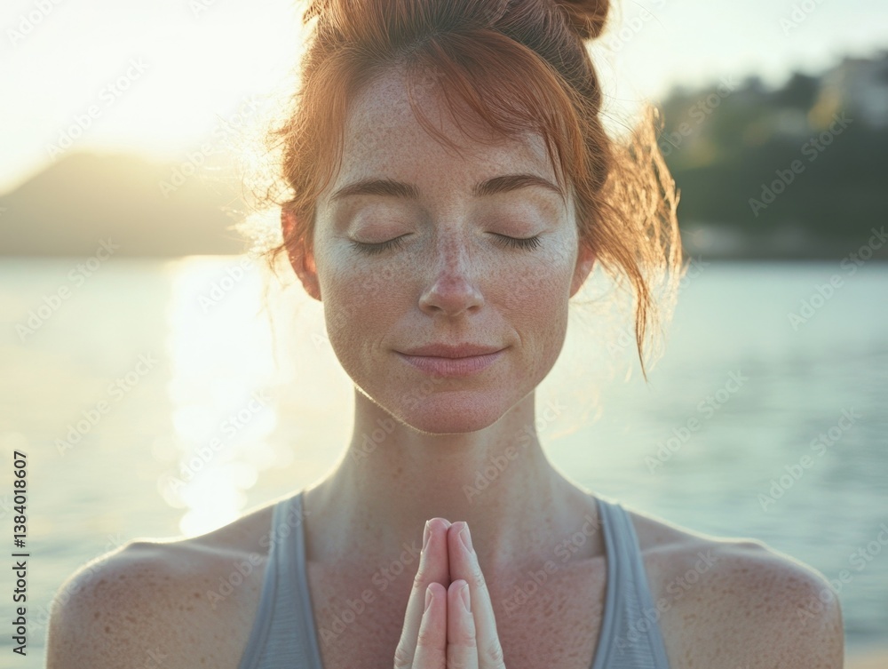 A woman sitting on a beach during sunset, practicing meditation and enjoying the serene environment. The image captures her moment of inner peace amidst the beauty of nature.