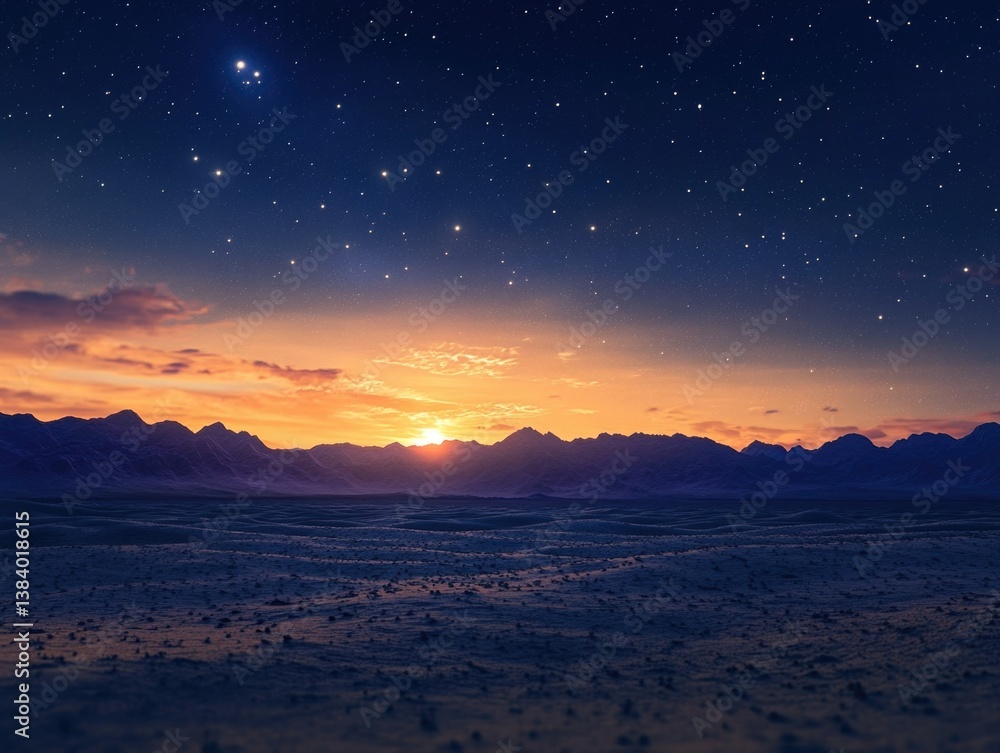 Vast barren landscape under starry night sky.