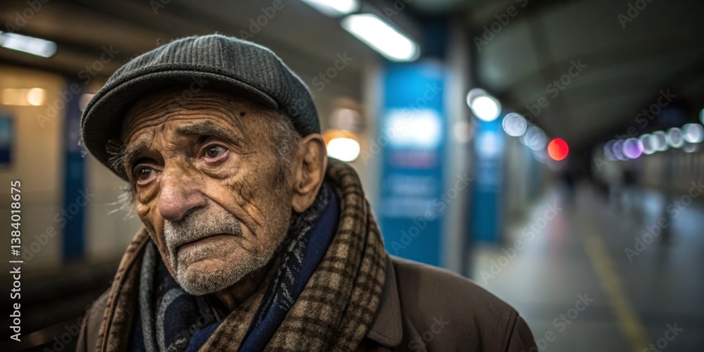 Elderly man waiting at a subway station on a quiet day with a reflective expression on his face