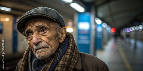 Obraz na płótnie Elderly man waiting at a subway station on a quiet day with a reflective expression on his face w salonie