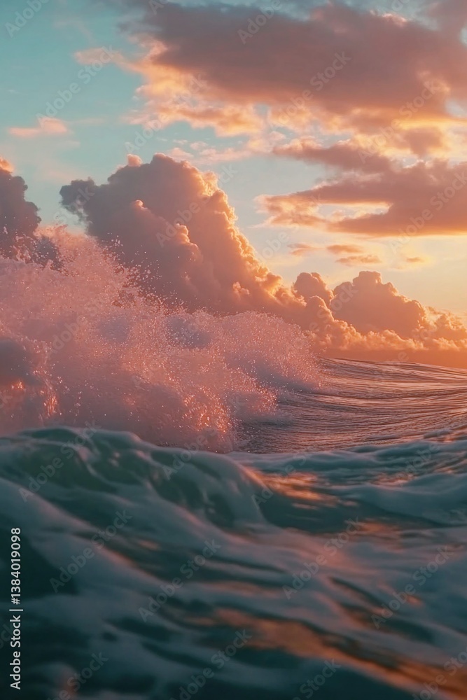 Breathtaking view of the ocean at sunset with large waves crashing.