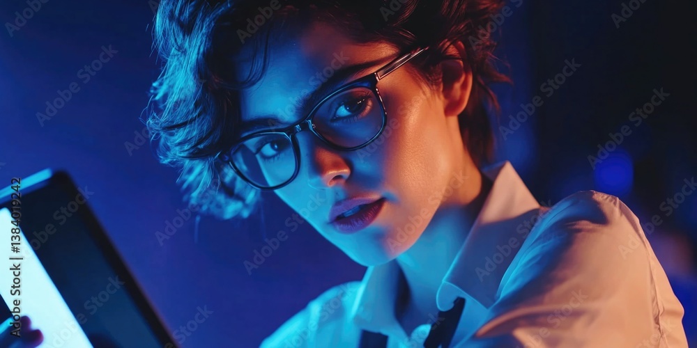 A contemplative young woman in glasses, possibly an intellectual or scholar. She appears to be deep in thought or working late into the night.